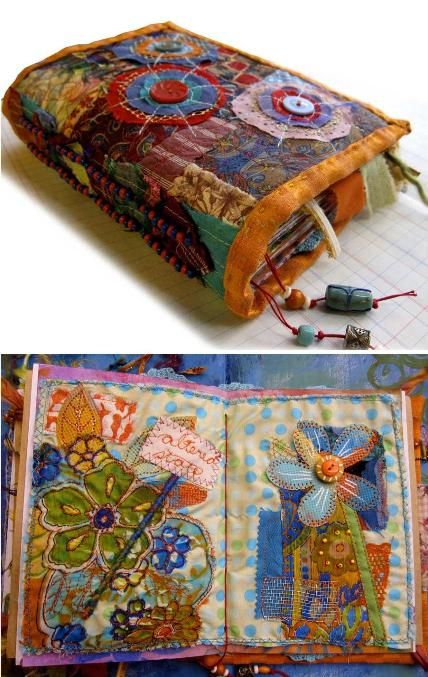 Inspiration: Ro Bruhn · Needlework News | CraftGossip.com Freebies Pattern, Fabric Journal, Fabric Books, An Open Book, Fabric Journals, Stitch Book, Crazy Quilting, Book Arts, Handmade Journals