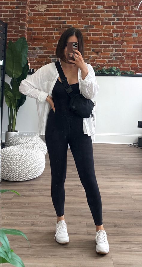 White Shoes Casual Outfit, All In One Jumpsuit Outfit, Comfy Outfits Leggings Summer, Legging Onesie Outfit, White Button Up And Leggings, Relaxed Everyday Outfit, White Button Up With Leggings, Outfit Ideas White Shoes, Basic Errand Outfits