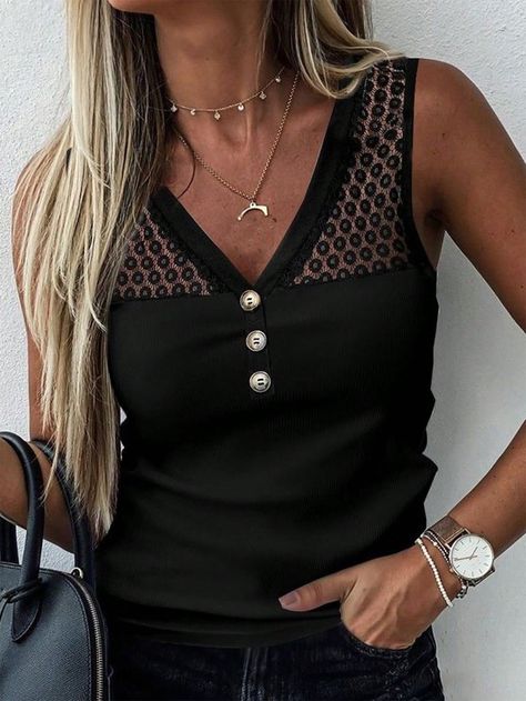 Women's New Casual Vacation Lace Patchwork Button-Up Tank Top (Random Floral Print) Black Casual   Knitted Fabric Plain Tank Medium Stretch  Women Clothing, size features are:Bust: ,Length: ,Sleeve Length: Bohemian Beach Wedding Dress, Poncho Shawl, Skirt Blouse, Iconic Symbols, Crop Top Casual, Jacket Sweater, V Neck Tank Top, Blouse Pants, Crop Top Outfits