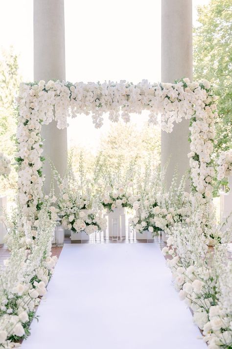 Italian Courtyard, Cherry Blooms, Ceremony Chairs, Ceremony Design, White Florals, Event Planning Design, Ceremony Arch, Flower Packaging, Wedding Prep