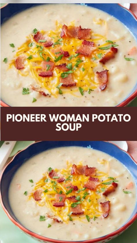 This easy Pioneer Woman Potato Soup is a creamy and comforting dish perfect for any meal. With its simple ingredients, you can whip it up quickly for a hot, nutritious dinner. Enjoy the delightful crunch of crispy bacon on top, making every spoonful a delicious treat! Perfect Potato Soup Pioneer Woman, Pioneer Woman Tex Mex Spicy Chicken And Black Bean Soup, Joanna Gaines Potato Soup, Cowboy Recipes Pioneer Woman, Potato Soup Pioneer Woman, Christmas Eve Soup Recipes, Pioneer Woman Potato Soup, Soup Dippers, Paula Deen Potato Soup