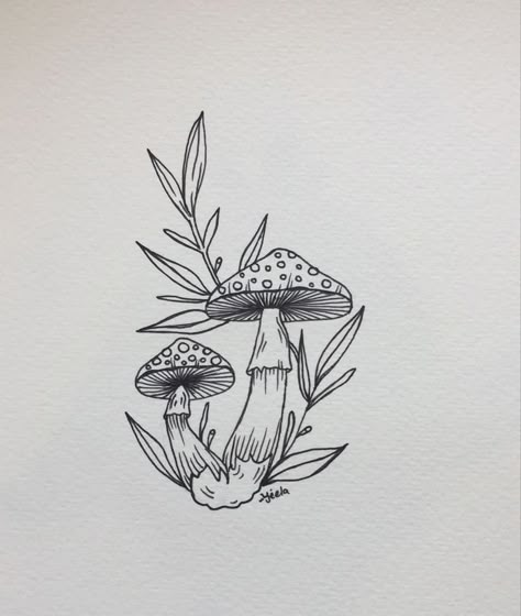 Mushroom Nature Tattoo, Mushroom Line Work Tattoo, Small Cottagecore Tattoo Ideas, Earthy Mushroom Tattoo, Mushroom And Flowers Tattoo Simple, Boho Mushroom Tattoo, Mushroom And Fern Drawing, Two Mushrooms Tattoo, Line Work Mushroom Tattoo