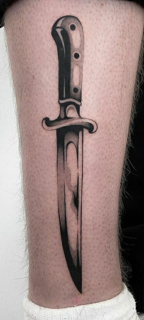 Knife Design Tattoo, Knife In Skin Tattoo, Horror Movie Knife Tattoo, Knife Leg Tattoo, Coltello Tattoo, Stiple Shade Tattoo, Knife Finger Tattoo, Hunting Knife Tattoo, Pocket Knife Tattoo