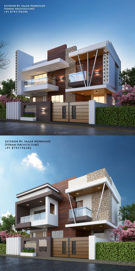 Modern House bungalow Exterior By, Sagar Morkhade (Vdraw Architecture) +91 8793196382 #ExteriorDesignResidence Bungalow Exterior, House Design Exterior, Modern Bungalow House, Modern House Facades, Modern Exterior House Designs, Duplex House Design, Bungalow Design, Modern Bungalow, Bungalow House Design