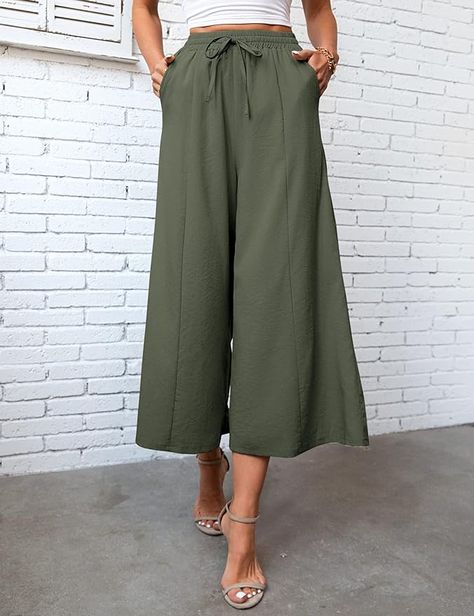 KTILG Linen Wide-Leg Culottes High-Waisted Pants Women Cropped Linen Cotton Casual Loose Fit Trousers Drawstring Pants Orange at Amazon Women’s Clothing store Women Linen Pants, Loose Fit Trousers, Capri Shorts, Beach Pants, Linen Pants Women, Fitted Trousers, Type Of Pants, Drawstring Pants, Linen Women