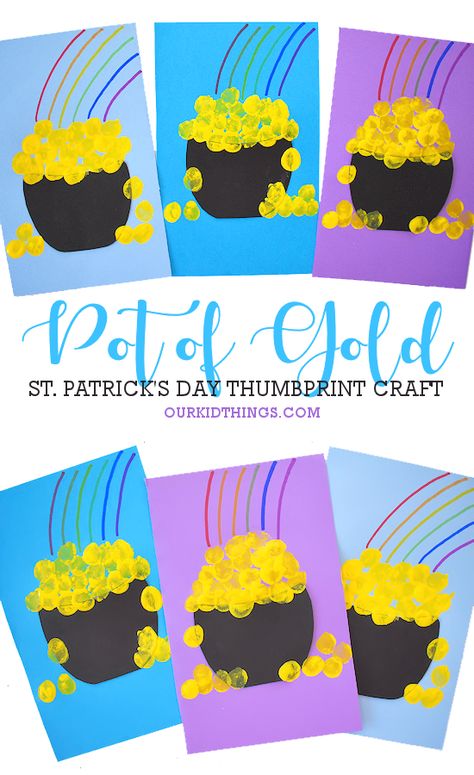 Thumbprint Pot of Gold Craft St. Patrick's Day Craft for Kids St Patrick’s Day Projects For Preschoolers, Preschool Crafts St Patricks, March Art Activities For Preschoolers, March Toddler Lesson Plans, St Patricks Preschool Craft, St Patty Preschool Crafts, St Patricks Day Art For Toddlers Easy, St Patrick’s Day Daycare Crafts, Easy St Pattys Day Crafts