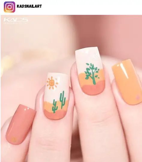 51 Cheery Sun Nail Art Ideas for 2023 - Nerd About Town April Inspired Nails, Nail Art Nature Design, Nature Inspired Nails Art Designs, Plants Nail Art, Happy Summer Nails, Earth Tone Nail Art, Fun Toe Nail Designs, Plant Nail Designs, Hiking Nails