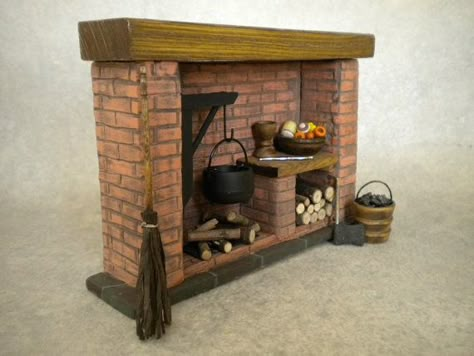 Doll House Kitchen Fireplace Colonial, Tudor, Medieval, Cooking, Historical Tudor Fireplace, Handmade Fireplace, Tudor Dollhouse, Fireplace Cooking, Miniature Fireplace, Dolls House Ideas, Dollhouse Miniatures Kitchen, Haunted Dollhouse, Halloween Miniatures