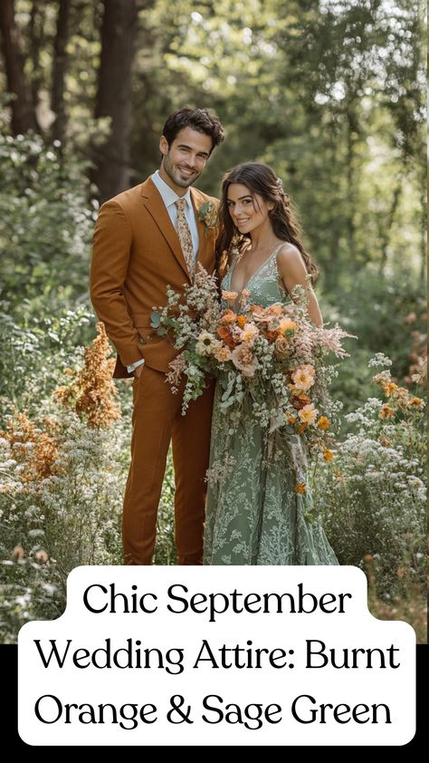 Bride in a sage green dress with burnt orange florals, and groom in a burnt orange suit with sage green accents, perfect for a chic September wedding. Burnt Orange And Olive Green Wedding Bridesmaid Dresses, Burnt Orange And Sage Green Wedding Theme, Sage Orange Wedding, Sage Green Burnt Orange Wedding, Sage And Orange Wedding, Orange And Sage Green Wedding, Rust And Green Wedding, Rust And Sage Green Wedding, Sage Green And Terracotta Wedding