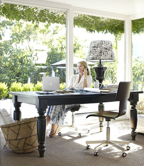 Pottery Barn Dining Table, Sunroom Office, Office Table Desk, Home Office Table, Office Nook, Workspace Inspiration, Diy Desk, Home Office Space, Office Table