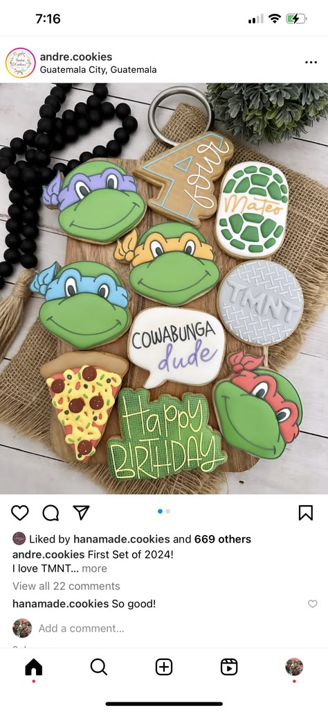 Ninja Turtle Birthday Food, Ninja Turtle Party Food, Ninja Turtle Birthday Cookies, Teenage Mutant Ninja Turtles Decorated Cookies, Ninja Turtle Cookies Decorated, Threenage Mutant Ninja Turtles, Ninja Turtle Fourth Birthday, Tmnt Cookies Decorated, Ninja Turtles Birthday Party Ideas