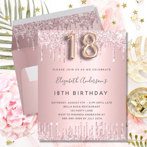 Glam Invitation, Birthday Rose Gold, Blush Invitations, Rose Gold Invitations, 21st Birthday Invitations, 60th Birthday Invitations, Birthday Roses, Glitter Invitations, 50th Birthday Invitations