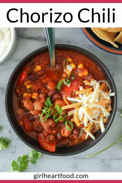 Chorizo Chili Recipe Crock Pot, Homemade Chorizo Recipes, Chorizo Beans, Chorizo Chili Recipe, Chorizo Soup Recipes, Comforting Dinner Recipes, Tasty Lunch Ideas, Chorizo Chili, Chorizo Soup