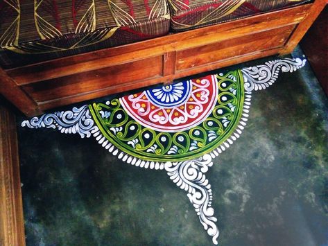 Alpana Designs Colourful, Permanent Rangoli With Paint, Rangoli With Paints On Floor, Oil Paint Rangoli Designs On Floor, Rangoli Painting On Floor, Paint Rangoli Designs On Floor, Painting Rangoli Design, Kolka Art, Bengali Marriage