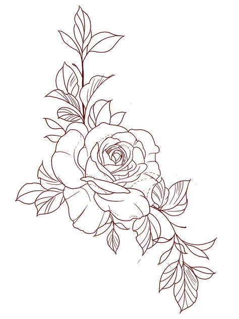 Rose With Leaves Drawing, Rose And Leaf Tattoo, Rose With Long Stem Tattoo, Rose Leaves Tattoo Design, Roses And Leaves Tattoo, Basic Line Tattoo, Roses Collar Bone Tattoo, Rose Garland Tattoo, Collarbone Tattoo Stencil