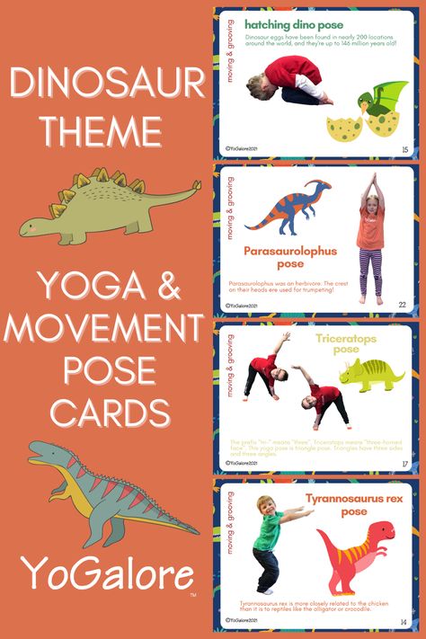 These dinosaur yoga and movement cards will get your students moving and grooving while learning some fun dinosaur facts! Dinosaur Yoga, Dinosaur Songs, Dinosaur Lesson, Dinosaur Classroom, Dinosaur Activity, Movement Cards, Dinosaur Activities Preschool, Dinosaur Facts, Yoga Games