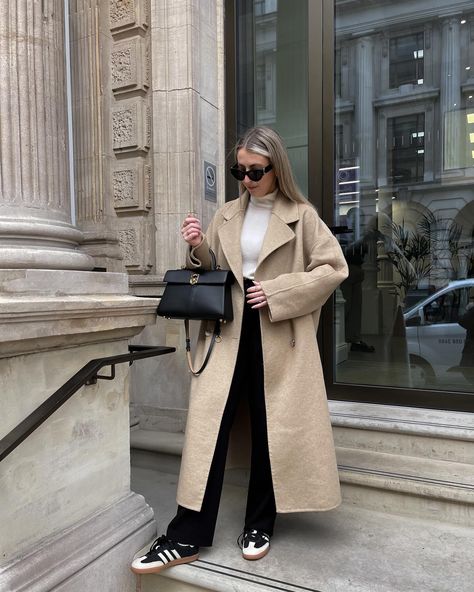 The new samba colour way & my wardrobe 🤝🏻🤎 outfit details below & linked on my @shop.ltk . . Coat - @nakdfashion old Cashmere turtle neck - @uniqloeurope Black trousers - @warehouseuk old Trainers - @adidas black & cream samba colourway. Size up if you have wide feet! Bag - @cafune.official Belt - @amazonfashioneu Sunglasses - @ysl . . Adidas sambas, camel coat, black trousers, cream turtle neck, winter outfits, transitional outfits . . #adidassambaclassic #adidassambas #adidassambas... Winter Outfits With Trousers, Cream Sambas Outfit, Cashmere Coat Outfit, Black Trousers Outfit Winter, Trousers Outfit Winter, Business Lady Outfits, Turtle Neck Outfit, Euro Winter, Black Trousers Outfit