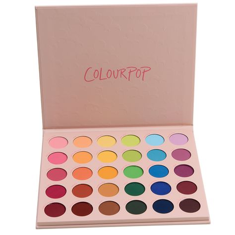 ColourPop Matte About Hue 30-Pan Shadow Palette ($34.00 for 0.92 oz.) is a new, all-matte eyeshadow palette that features an array of brighter, but somewhat desaturated (not quite neon), shades across pink, orange, yellow, green, blue, and purple (well, more plum). The quality was consistent with ColourPop's matte formula: lightly powdery at times but pigmented, blendable, and easy enough to work with. I didn't find any duds in the palette; there were a few shades that had to be built up in pigm Eyeshadow Palette Colourpop, Colorful Palette Eyeshadow, Colored Eye Shadow, Colour Pop Eyeshadow Palette, Makeup Pallet Template, Color Pop Eyeshadow Palette, Colorpop Eyeshadow Pallets, Make Up Palettes, Eyeshadow Palate