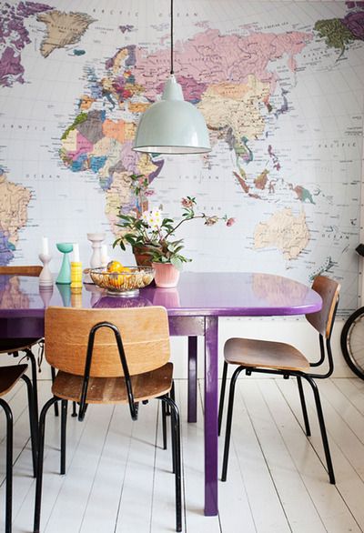 Easy & Temporary Ways to Dress Up a Rental Like You Own It — From the… Interior Boho, Purple Table, Map Wallpaper, World Map Wall, Loft Design, Dining Room Inspiration, Map Wall, Style At Home, Design Case