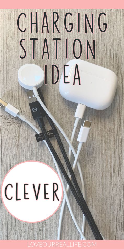 Clever Charging Station Idea: Hide the Cords. Do you have cords EVERYWHERE for the kids and your electronic devices? This simple solution will help keep your cords neat, tidy, and out of site! Hidden Charging Station Nightstand, Organized Charging Station Diy, Media Charging Station Diy, Kitchen Counter Electronics Organization, Rv Charging Station Ideas, Charging Area In Home, How To Hide Phone Charger Cords, Hide Charging Station, Diy Phone Charger Station