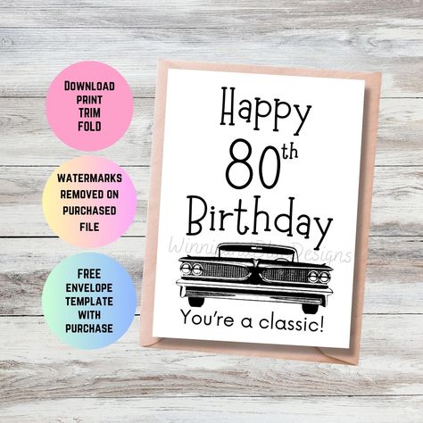 80 Birthday Card, Birthday Card Grandma, 80 Birthday, 80th Birthday Cards, Grandpa Birthday Gifts, Car Card, Grandpa Birthday, Simple Birthday Cards, 40th Birthday Cards