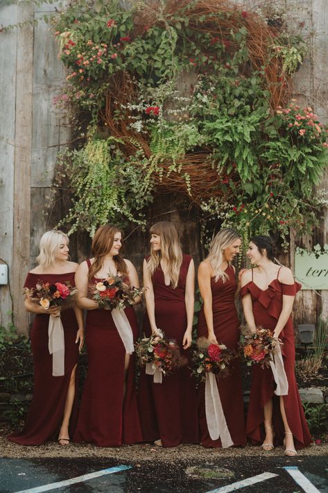 BHLDN Bridesmaids Dresses in Bordeaux - Photo: @patrobinsonphoto | Bridesmaids: @katerinaseigel @noelledowning @salt_water_chic @steffy @rachmartino Scarlet Bridesmaid Dresses, Deep Wine Bridesmaid Dresses, Claret Bridesmaid Dresses, Bridesmaid Dress Red, Dark Red Bridesmaid Dresses Long, Bordeaux Bridesmaid Dresses, Vermillion Bridesmaid Dresses, Maroon Bridesmaids Dresses, Bordeaux Bridesmaid Dress