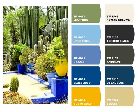 Instantly turn any picture into a palette with ColorSnap, created for you by Sherwin-Williams. Majorelle Gardens Marrakech, Mexican Color Scheme, Mexican Color Palette, Patio Color Schemes, Majorelle Garden, Majorelle Blue, Mexican Garden, Exterior Color Palette, Mexican Colors