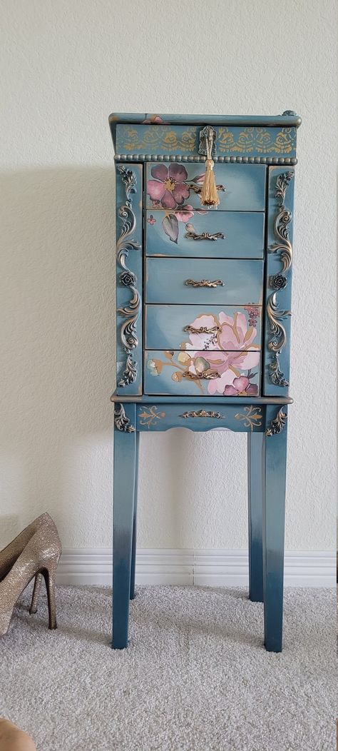 Sold-jewelry Armoire Standing Romantic Furniture Blue Pink - Etsy Canada Comfy Room Ideas, Jewelry Armoire Makeover, Romantic Furniture, Colourful House, Pink Office Decor, Dresser Diy, Painted Jewelry Armoire, Armoire Makeover, Jewelry Armoires