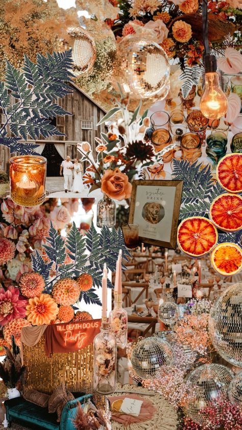 Fall Disco Wedding, Fall Harvest Wedding, Bday Dinner, Eclectic Maximalism, Disco Wedding, September Wedding, Disco Balls, Micro Wedding, Autumn Garden