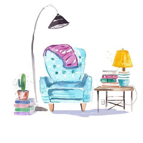 Chair Illustration, Reading Armchair, Chair Drawing, Memoir Books, Bedroom Drawing, Iron Lamp, Fabric Lampshade, Comfy Chairs, Small Canvas