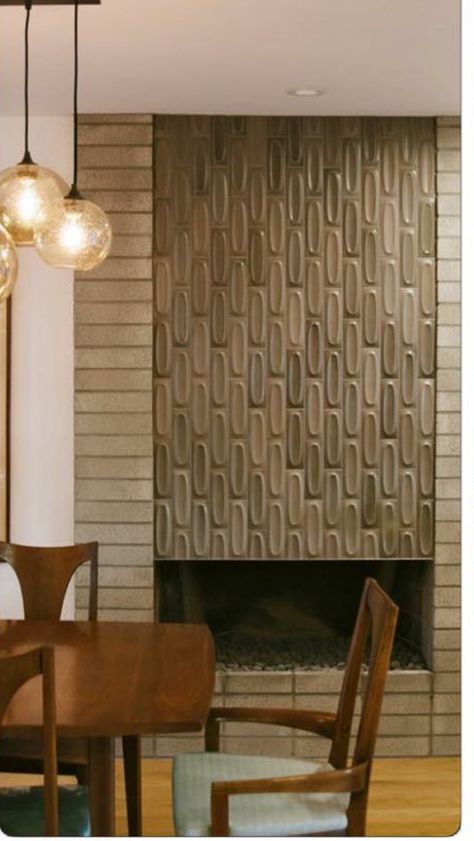 Fireplace | Raised and beautiful tile Tile Around Fireplace Mid Century, Mid Century Fireplace Tile, Mid Century Fireplace Ideas, Mid Century Modern Fireplace Ideas, Modern Fireplace Tiles, Midcentury Modern Fireplace, Fireplace Tile Ideas, Mid Century Modern Fireplace, Mid Century Fireplace