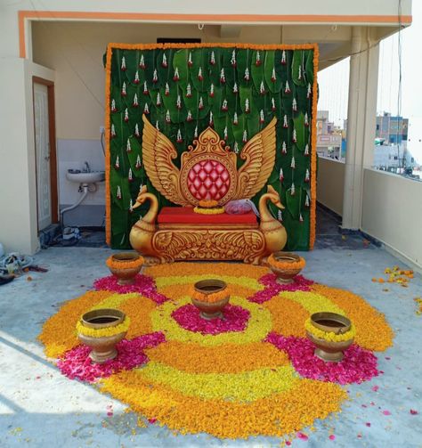 mangala snanam decoration,backdrops,flower decoration,vsk flower decorations Mangal Sanam Stage, Mangala Snanam Decoration For Bride, Mangal Snanam Decoration, Pellikuthuru Decorations, Mangala Snanam Decoration, Mangala Snanam, Haldi Decorations, Leaf Decor Wedding, Haldi Ceremony Decorations