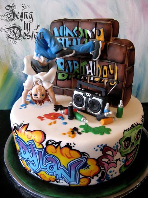 This cake took four hours to complete. I started painting eight in the evening and worked right through the night. The client gave a bunch of graffiti reference photo’s and I used them but changed the designs, colours etc. Everything is hand... Graffiti Cake, Hip Hop Birthday, Dance Cakes, Teen Cakes, Birthday Cakes For Teens, Funny Birthday Cakes, Painted Cakes, Novelty Cakes, Cakes For Boys