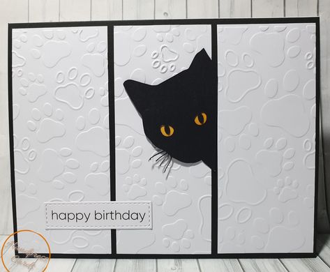 A black cat peeking out to say Happy Birthday on this birthday greeting card Black Cat Cards, Stampin Up Cat Cards, Cat Birthday Cards, Crazy Cats Cards, Cat Cards Handmade, Cat Peeking, Feather Cards, Cat Stamp, Cat Birthday Card