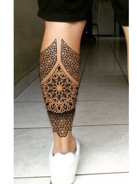 Leg Full Tattoo, Foot Sleeve Tattoo, Calf Mandala Tattoo, Mandala Calf Tattoo, Back Of Calf Tattoos For Women Calves, Geometric Leg Tattoo, Tattoo Pierna Hombre, Mandala Foot Tattoo, Mandala Tattoo Leg