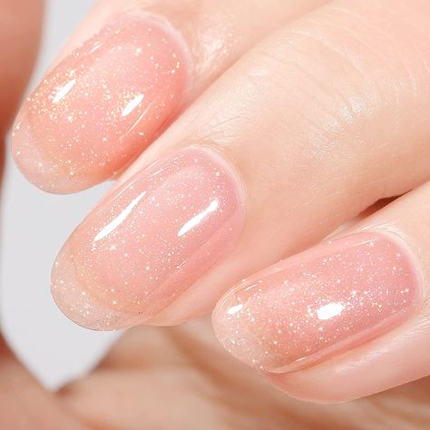 Short Neutral Pink Nails, Translucent Nail Polish, Neutral Gel Nail Polish, Sparkle Gel Nails, Neutral Gel Nails, Clear Glitter Nails, Light Pink Nail Polish, Nails After Acrylics, Light Colored Nails