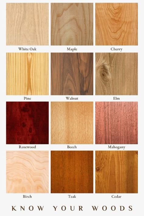 Since you'll want to know what type of wood you're working with before beginning any woodworking project, especially building or refinishing a piece, this chart should come particularly handy. For identification, match the pictured wood grain types against your own wooden piece. Always make sure to free your wood from any disguises before attempting to identify it! 😉 Basic Woodworking Projects, Types Of Wood Flooring, Woodworking Projects For Beginners, Basic Woodworking, Wood Stain Colors, Type Of Wood, Different Types Of Wood, Free Woodworking Plans, Beginner Woodworking Projects