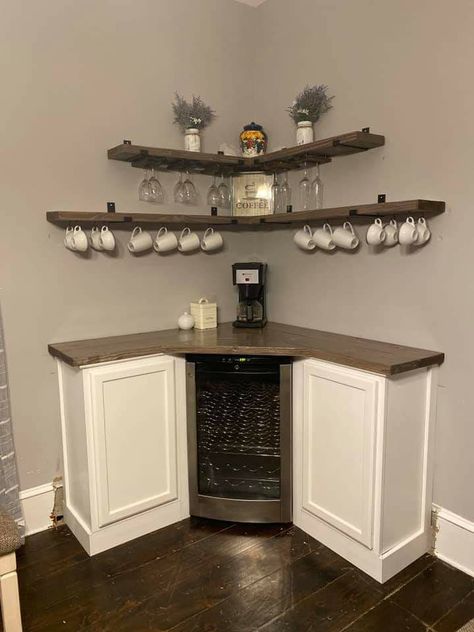 Basement Corner Bar Ideas, Basement Corner Bar, Coffee And Wine Bar Ideas, Coffee/wine Bar Ideas, Wine Bar Ideas, Corner Bar Ideas, 3 Color Palette, Corner Coffee Bar, Coffee And Wine Bar