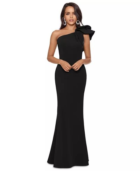 Betsy & Adam - Women's One-Shoulder Scuba Crepe Gown Dress With Bow On Shoulder, Long Dress With Bow, Wedding Guest Gowns, Cute Formal Dresses, Crepe Gown, One Shoulder Gown, Gowns Online, Review Dresses, Dress With Bow