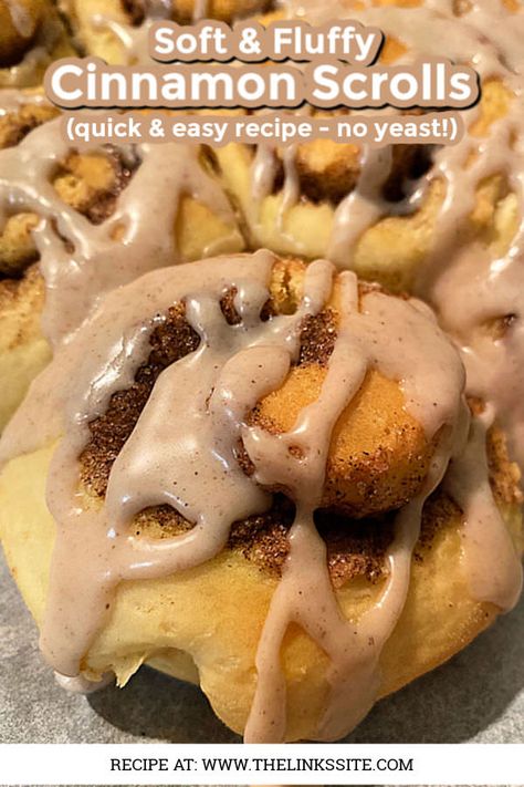 Easy Cinnamon Scrolls (No Yeast!) | The Links Site Cinnamon Buns Recipe Easy No Yeast, Easy No Yeast Cinnamon Rolls Recipe, Cinnamon Roll Recipe No Yeast, Cinnamon Scrolls Easy, Quick Cinnamon Rolls Recipe No Yeast, Scroll Recipe, Scrolls Recipe, Cinnamon Scrolls, Favorite Christmas Desserts