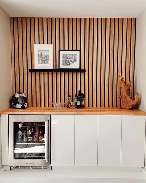 Slat Wall Coffee Bar, Slat Wall Backsplash, Slat Wall Kitchen, Bar Wall Ideas, Wall Nook, Nashville House, Garage Game Rooms, Home Wet Bar, Pantry Room