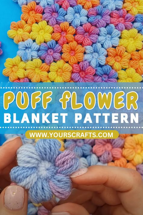 PUFF FLOWER BLANKET Afghan Flower Crochet, Crochet Flowers Blanket Free Pattern, Flower Temperature Blanket, Crotchet Flower Blanket, Puff Stitch Flower Blanket, Crochet Blanket Motif, Puff Flower Blanket Crochet, Crocheted Flower Blanket, Puffy Flower Crochet Blanket