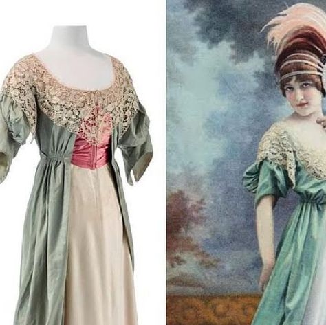 ᴛʜᴇ ᴄᴏʀsᴇᴛᴇᴅ ʙᴇᴀᴜᴛʏ on Instagram: "Silk taffeta and silk satin evening gown with a pretty scalloped lace collar. The “Boissy” dress by Jeanne Paquin (1912) 💚  From the collection of @staatlichemuseenzuberlin Model from Les Modes (1912) Fashion sketch from @vamuseum  * * * * * #jeannepaquin #eveningdress #eveninggown #costumehistory #fashionhistory #dresshistory #1912fashion #1910sfashion #historicalfashion #" 1912 Dress, 1912 Fashion, Jeanne Paquin, Roberto Capucci, Mariano Fortuny, Historical Clothes, Satin Evening Gown, 1910s Fashion, Dress Name