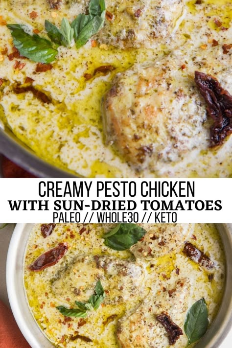 Creamy Pesto Chicken (Dairy-Free, Paleo, Keto) - The Roasted Root Paleo Pesto Recipe, Chicken Recipes Dairy Free, Creamy Pesto Chicken, Vegan Pesto Sauce, Paleo Pesto, Dairy Free Pesto, Creamy Pesto Sauce, Chicken Pesto Recipes, Whole30 Chicken