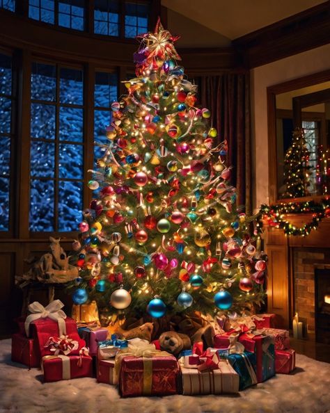 Create a whimsical tree design with colorful ornaments, tinsel, and playful decorations. Christmas Tree Ideas Colorful Lights, Christmas Tree Ideas Colorful, Warm Christmas Aesthetic, Cottage Christmas Tree, Glam Christmas Tree, Whimsical Christmas Tree, Whimsical Tree, Decorating The Christmas Tree, Colorful Ornaments