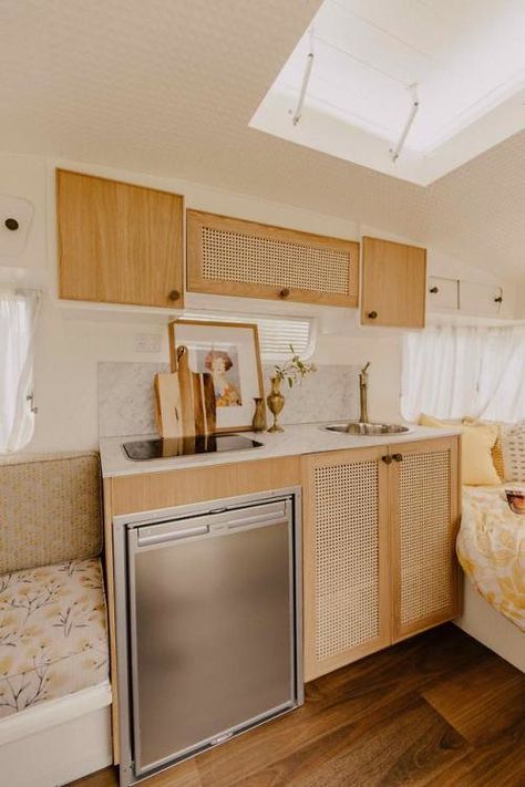 Timothy Sumer - Photography Charming kitchen featuring rattan oak and marble in renovated... Camper Inspiration, Trillium Trailer, Vintage Caravan Interiors, Caravan Vintage, Camper Vintage, Camper Remodeling, Caravan Ideas, Caravan Makeover, Airstream Remodel