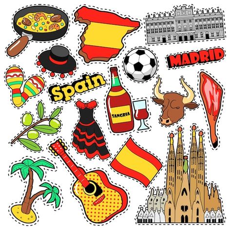 Spain Scrapbook, Travel Stickers Printable, Vector Doodle, Spain Culture, Culture Day, Travel Patches, Scrapbook Videos, Travel Stickers, Comic Style