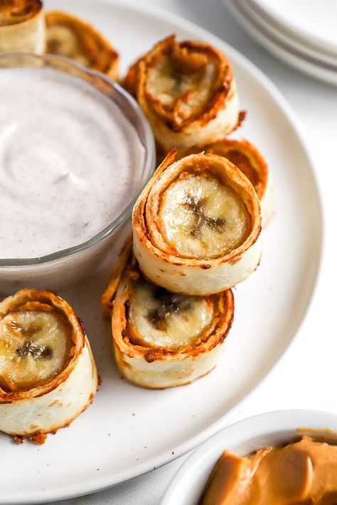 Air Fryer Banana Tortilla Roll Ups (Easy Recipe) Air Fryer Banana, High Protein Yogurt, Banana Roll, Tortilla Rolls, Gluten Free Tortillas, Peanut Butter Roll, Fried Bananas, Roll Ups Tortilla, Fruit Roll Ups