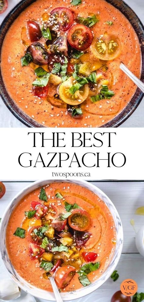 Authentic tomato gazpacho recipe.  Vegan, gluten-free and healthy. Delicious summer chilled soup. #authentic #easy #best #tomato #gazpacho #recipe #healthy #vegan Easy Gazpacho, Summer Soup Recipes, Tomato Gazpacho, Gazpacho Soup, Gazpacho Recipe, Chilled Soup, Summer Soup, Spicy Soup, Cold Soup