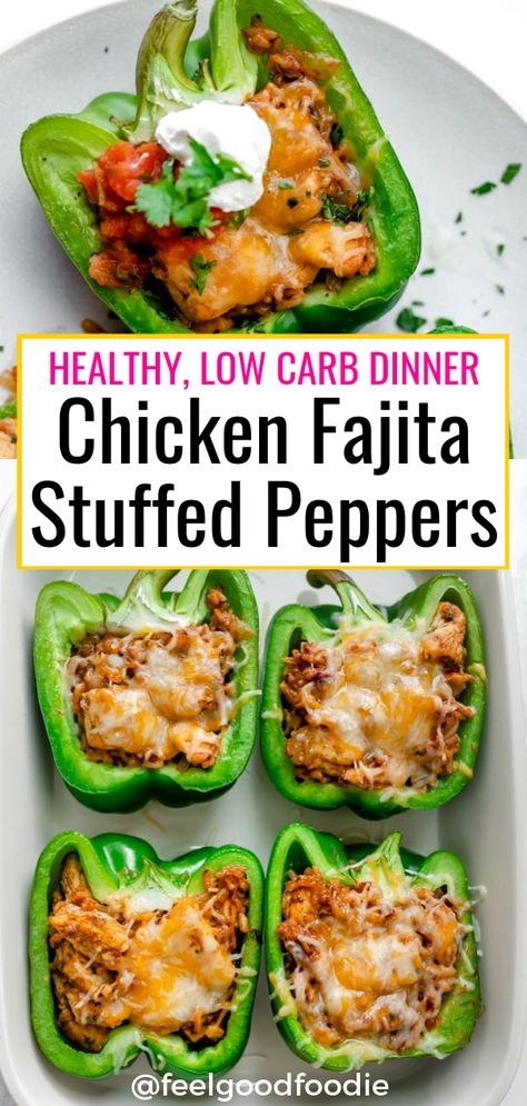 Chicken Stuffed Peppers are made with a fajita style mixture that combines onions, garlic, tex mex spices and chicken, then oven-baked until soft and cheesy | Chicken Fajitas | Mexican | Healthy | Low Carb | Gluten-Free | Cheesy Peppers #stuffedpeppers #chickenfajitas #texmexpeppers #chickenstuffedpeppers #feelgoodfoodie Easy Healthy Dinner Mexican, Fajita Stuffed Peppers, Healthy Tex Mex Recipes, Heart Burn Friendly Recipes, Soft Healthy Foods, Low Fat And Low Carb Recipes, Low Calorie Stuffed Peppers, Healthy Stuffed Peppers, Healthy Low Calorie Dinner